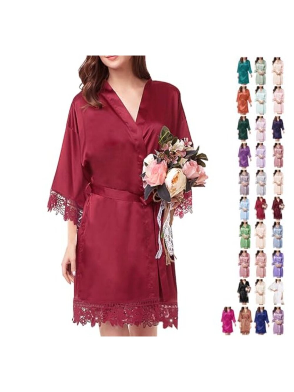 Womens Silk Satin Kimono Robe Lace Trim Bridal Bridesmaid Bathrobe